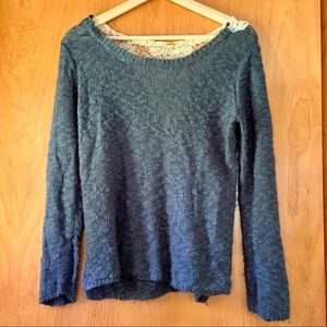 BOGO! Lace-Back Blue Knit Long Sleeve Sweater